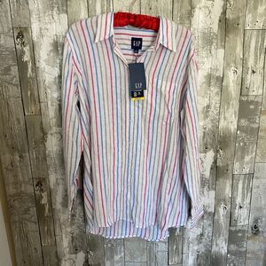 NWT GAP beetrot multi-stripe colorful lenin button up casual top M